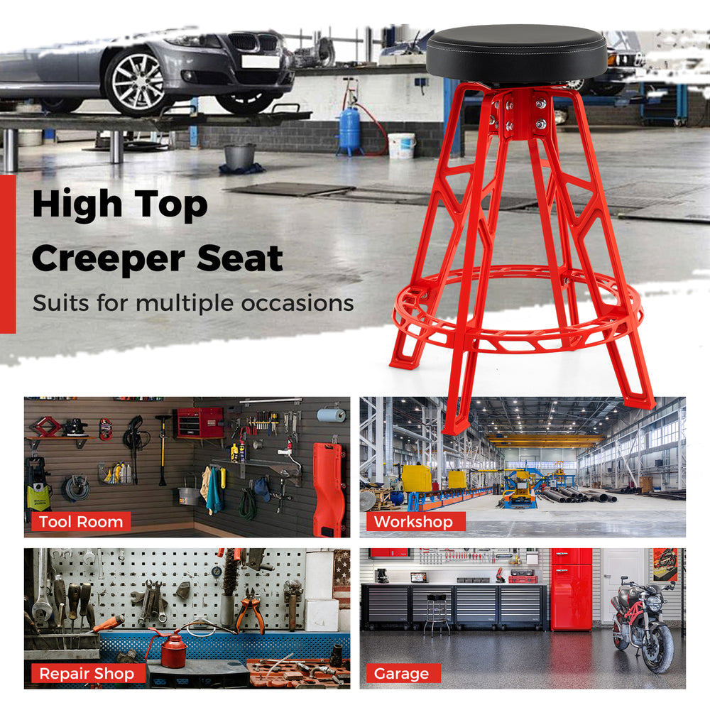 Heavy-duty aluminum garage bar chair in red with 360° swiveling seat, ideal for workshops and garages.