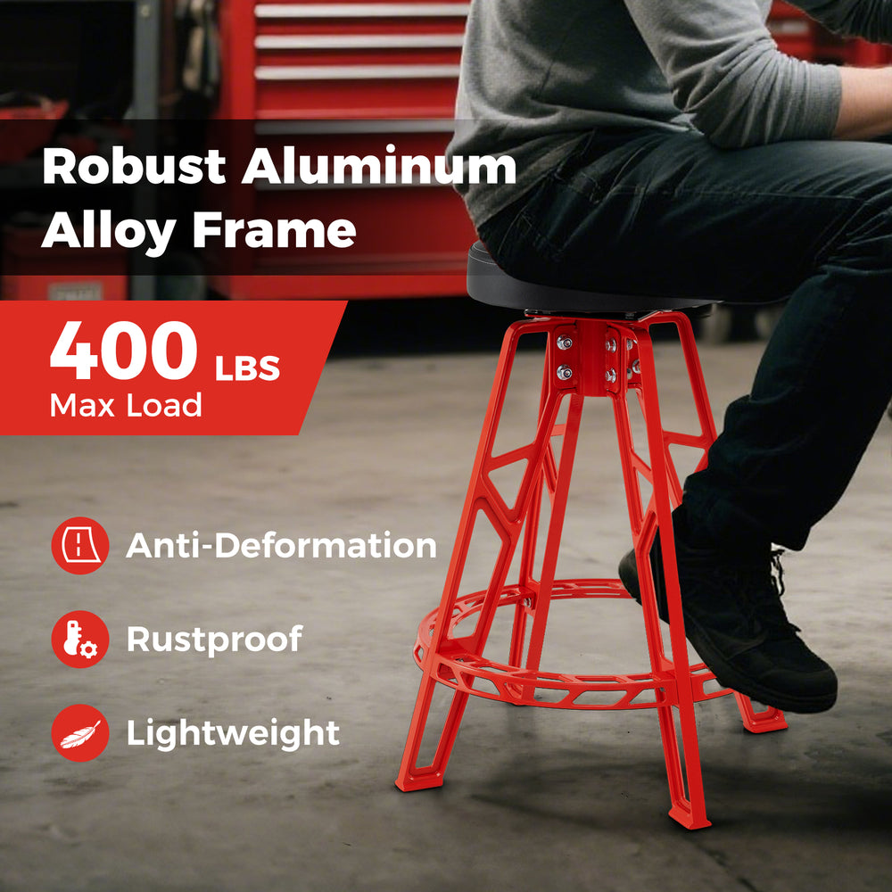 Heavy-duty red aluminum garage bar chair with 360° swiveling seat, rustproof design, and 400 lbs max load capacity.