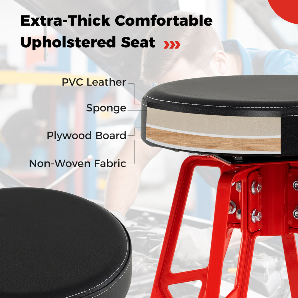 Heavy-duty aluminum garage bar chair with 360° swiveling seat, padded PVC leather upholstery, and built-in footrest.