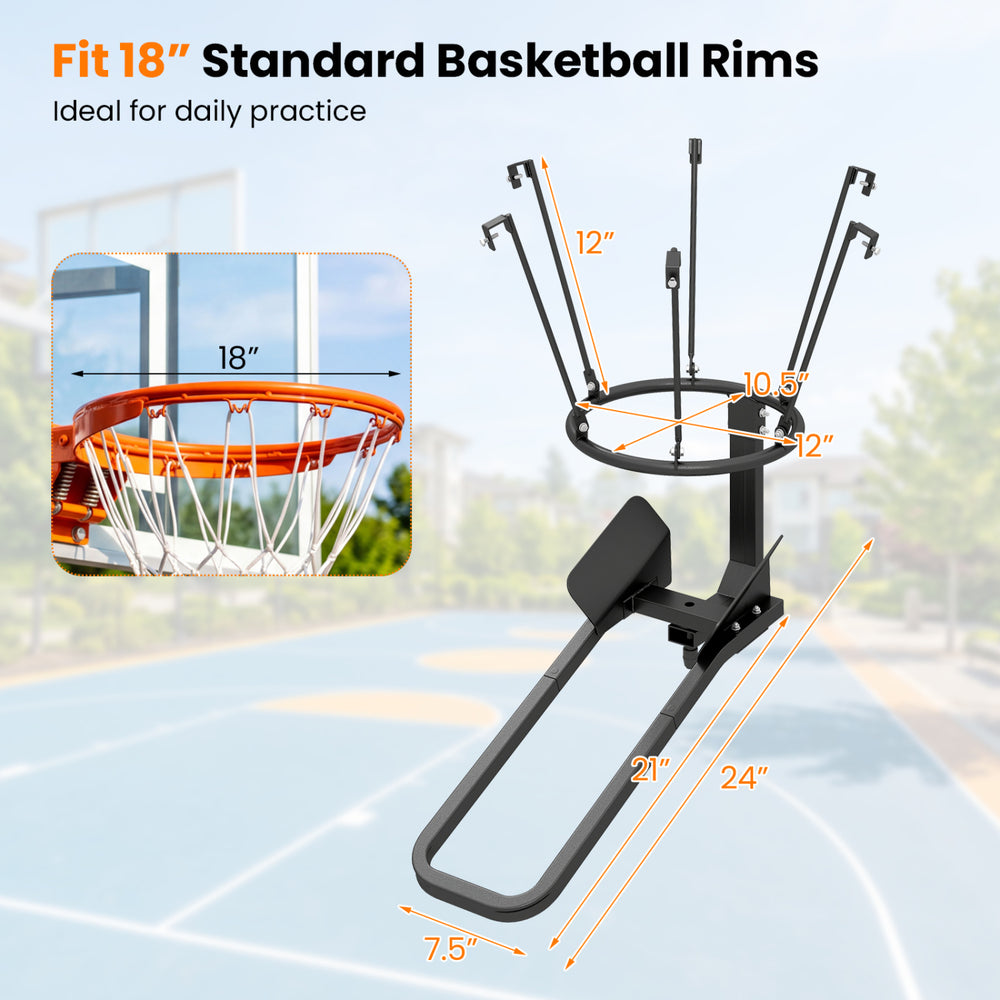 Heavy-duty basketball return attachment with 6 sturdy hooks, designed for efficient solo practice and quick ball.