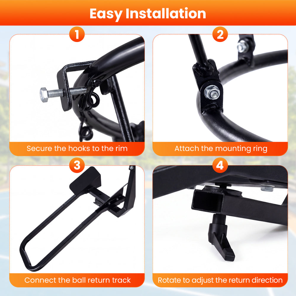 Heavy-duty basketball return attachment with 6 sturdy hooks, designed for quick installation and efficient solo.