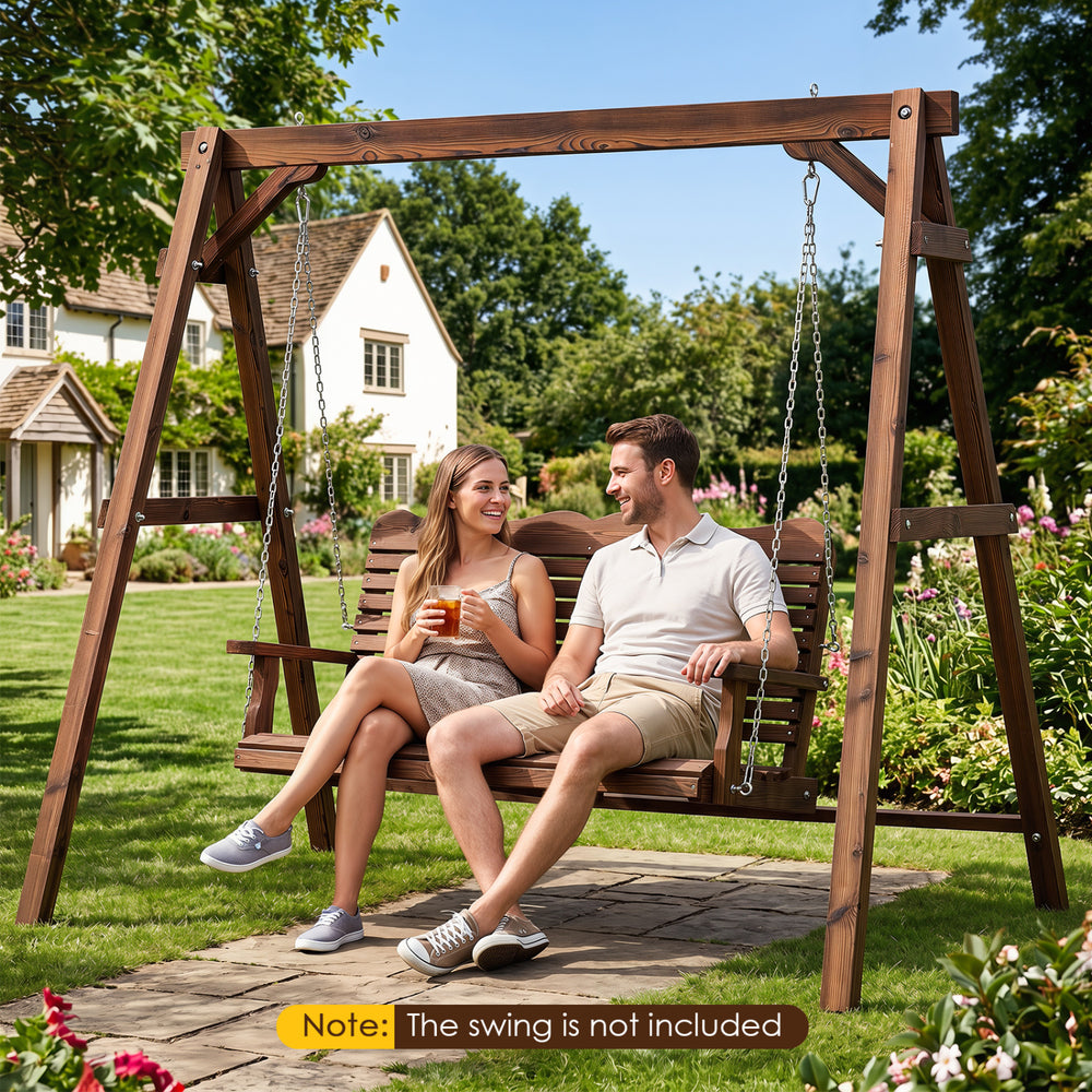 Heavy-duty carbonized fir wood swing frame in brown with reinforced bars and 770 lbs capacity for outdoor use.