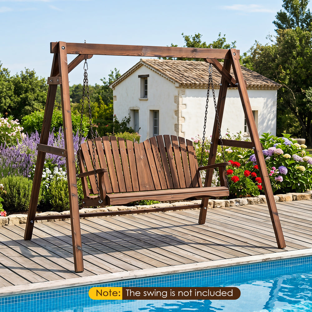Heavy-duty carbonized fir wood swing frame with reinforced bars and dual hanging rings for outdoor stability and durability.