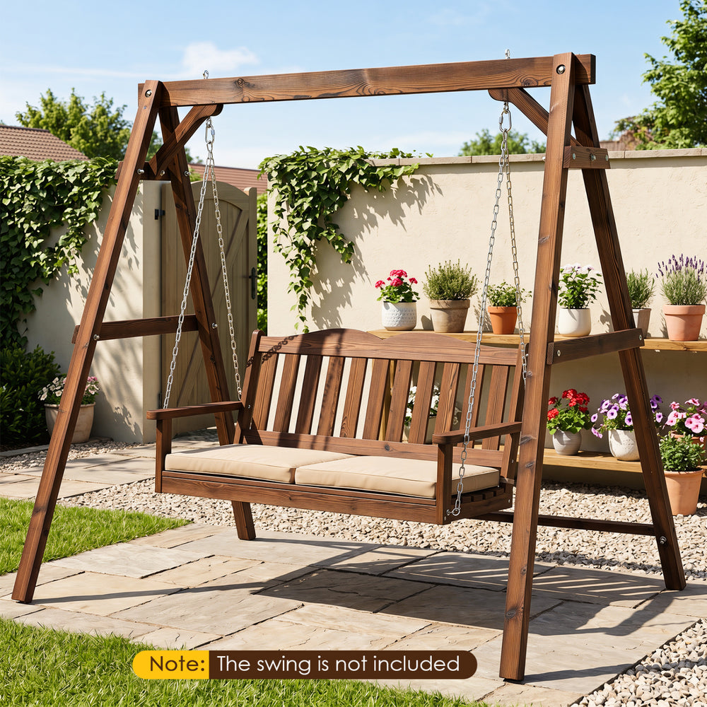 Heavy-duty carbonized fir wood swing frame with reinforced bars, designed for stability and accommodating standard swings.