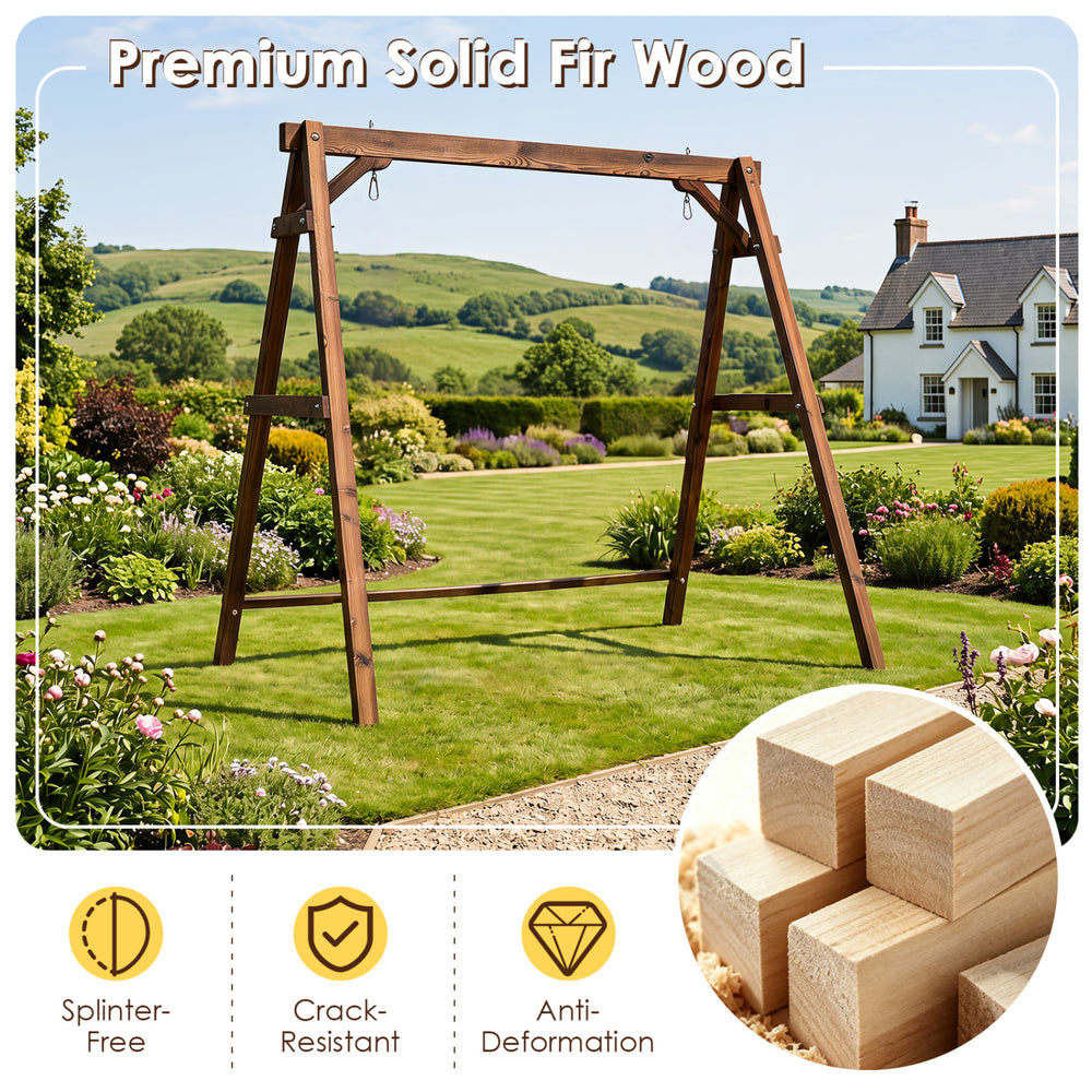 Heavy-duty carbonized fir wood swing frame with reinforced bars and two hanging rings for outdoor stability and safety.