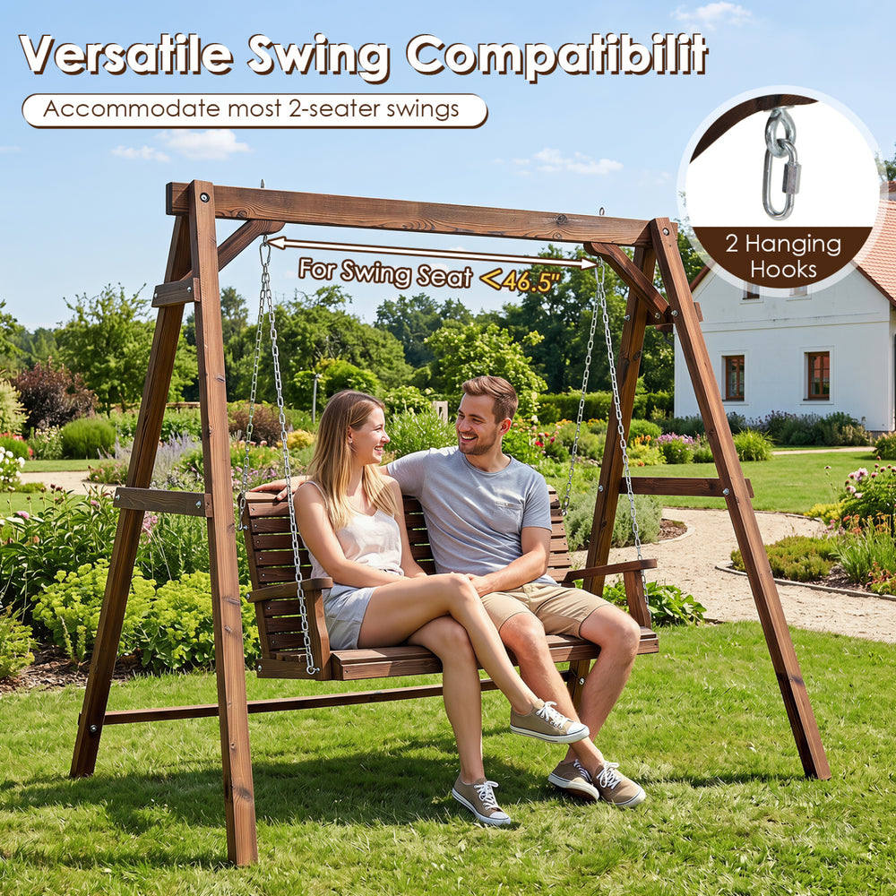 Heavy-duty carbonized fir wood swing frame with reinforced bars and 2 hanging rings for stable outdoor use.
