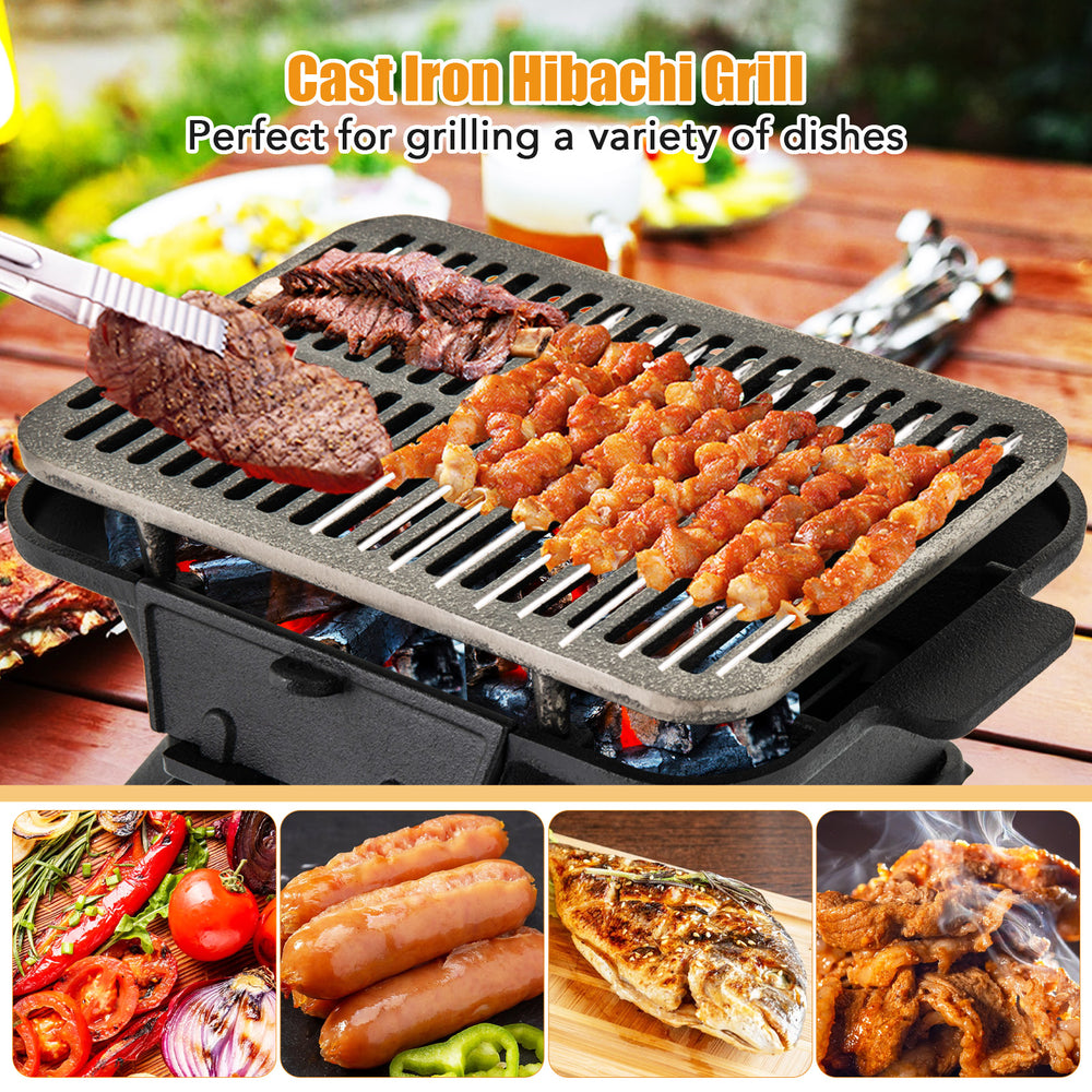 Cast iron hibachi grill with grilled meats and vegetables, featuring a grill grate lifter for safe handling and heat.