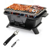 Compact 100% cast iron hibachi grill with adjustable height, featuring grilled meats and a grate lifter for easy.