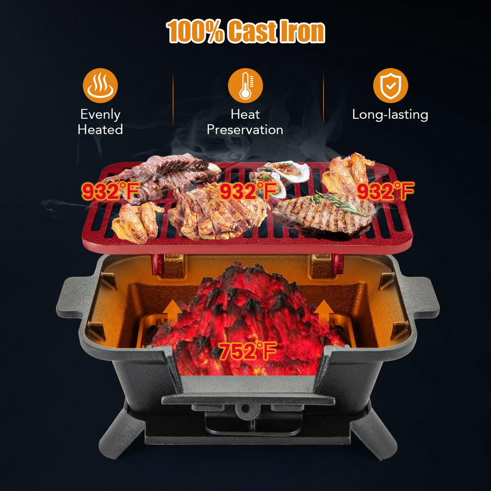 100% cast iron hibachi grill with adjustable height grate, featuring a coal door and grill grate lifter for easy use.