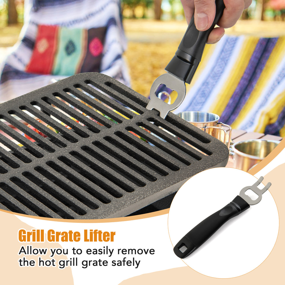 Grill grate lifter designed for safely removing hot grates from the 100% cast iron hibachi grill for versatile cooking.
