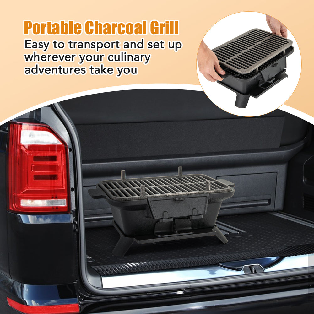 Portable cast iron hibachi grill with side handles and adjustable height, ideal for grilling meats and vegetables.