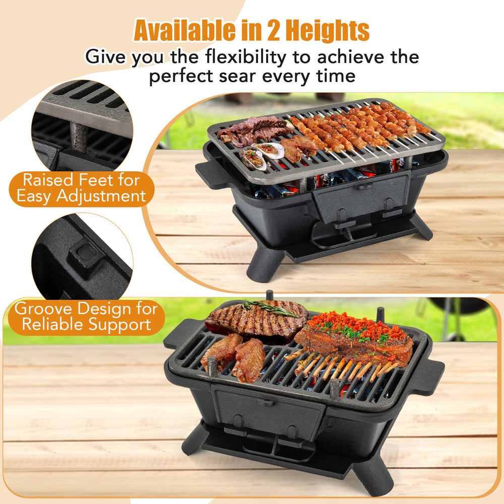 Cast iron hibachi grill with raised feet and adjustable height, perfect for grilling meats and vegetables outdoors.