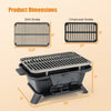 Dimensions of the 100% cast iron hibachi grill showing grill and charcoal grates, ideal for versatile outdoor cooking.
