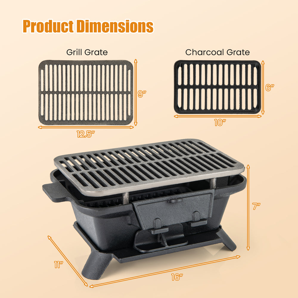 Dimensions of the 100% cast iron hibachi grill showing grill and charcoal grates, ideal for versatile outdoor cooking.