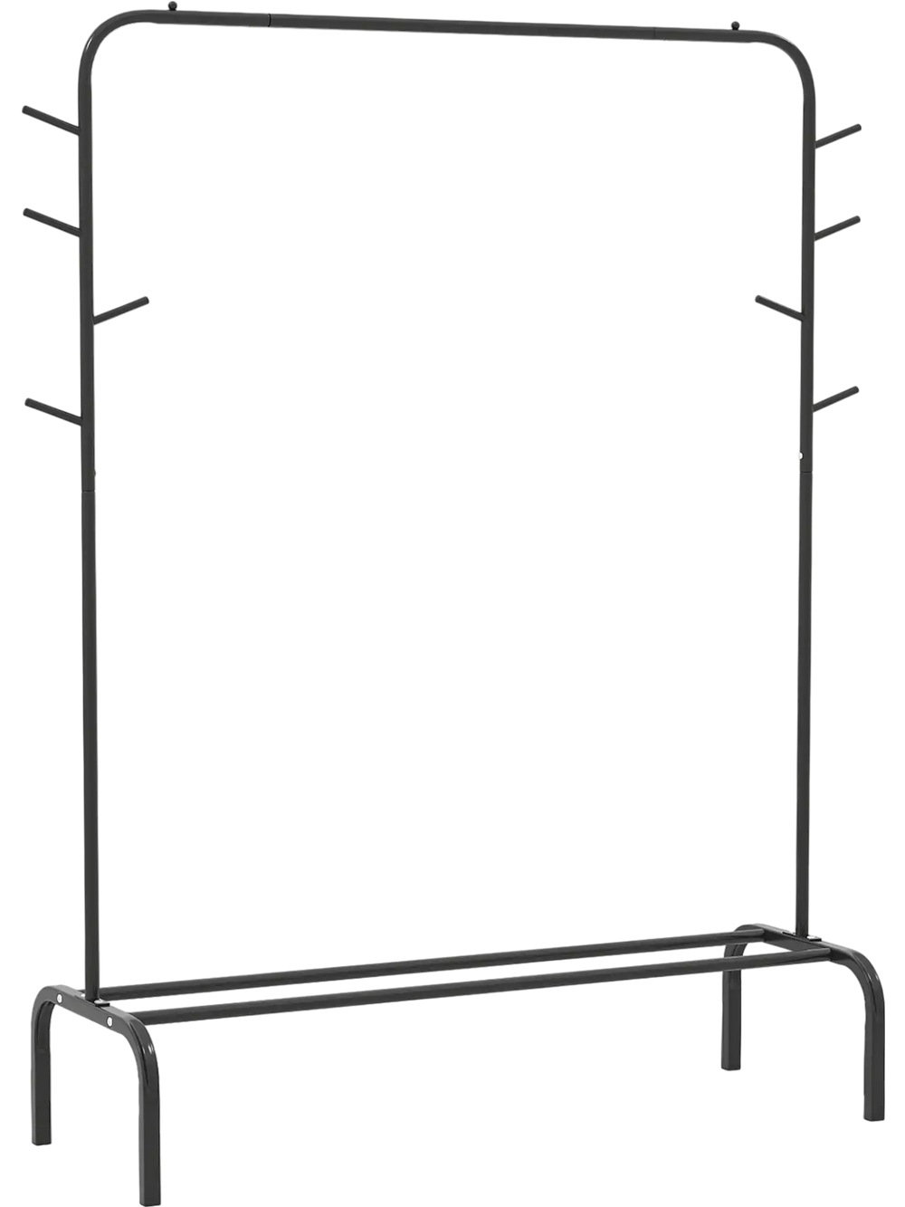 Heavy duty black metal garment rack with 8 side hooks and bottom shelf, ideal for bedroom or retail shop storage.