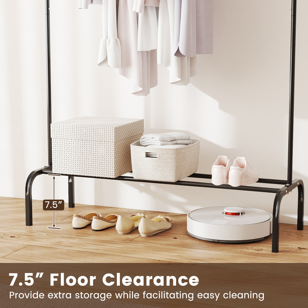 Heavy duty black garment rack with 7.5" floor clearance, featuring a bottom shelf for extra storage and easy cleaning.
