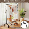 Heavy duty black metal garment rack with hanging rod, side hooks, and bottom shelf for versatile storage in any space.