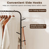 Side hooks with anti-falling stoppers on a heavy-duty black metal clothes rack for versatile storage and easy access.