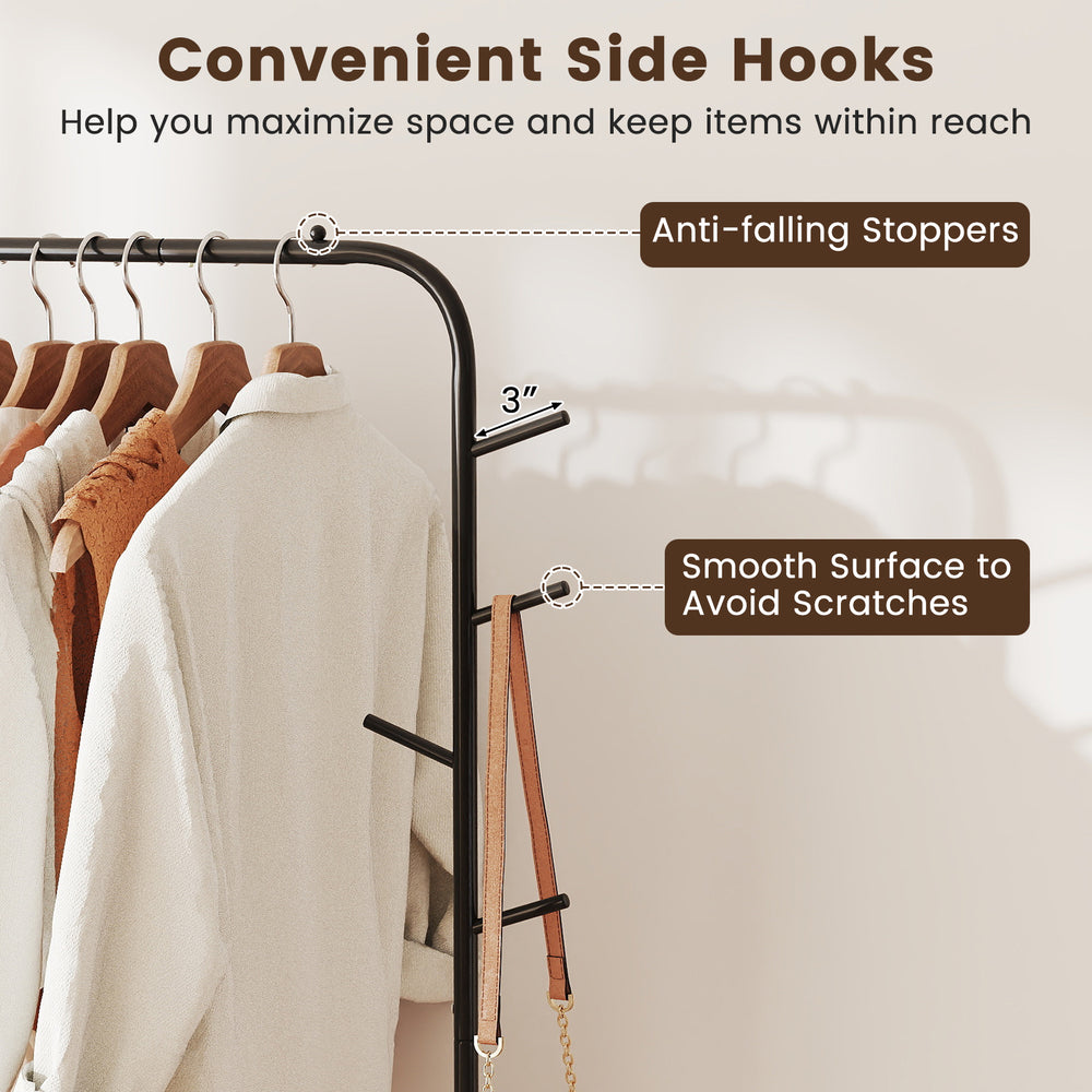 Side hooks with anti-falling stoppers on a heavy-duty black metal clothes rack for versatile storage and easy access.