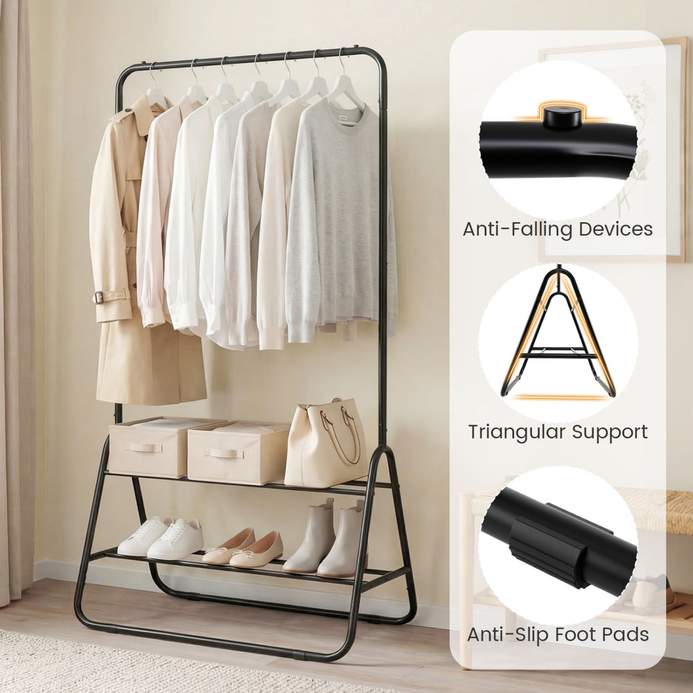 Heavy duty black clothes rack with hanging rod and two storage shelves, featuring anti-fall devices for secure storage.