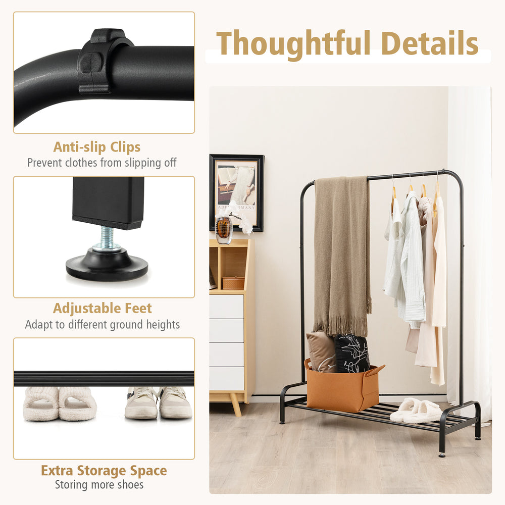 Heavy duty clothes stand rack with top rod, lower storage shelf, and adjustable feet for stable organization in any.