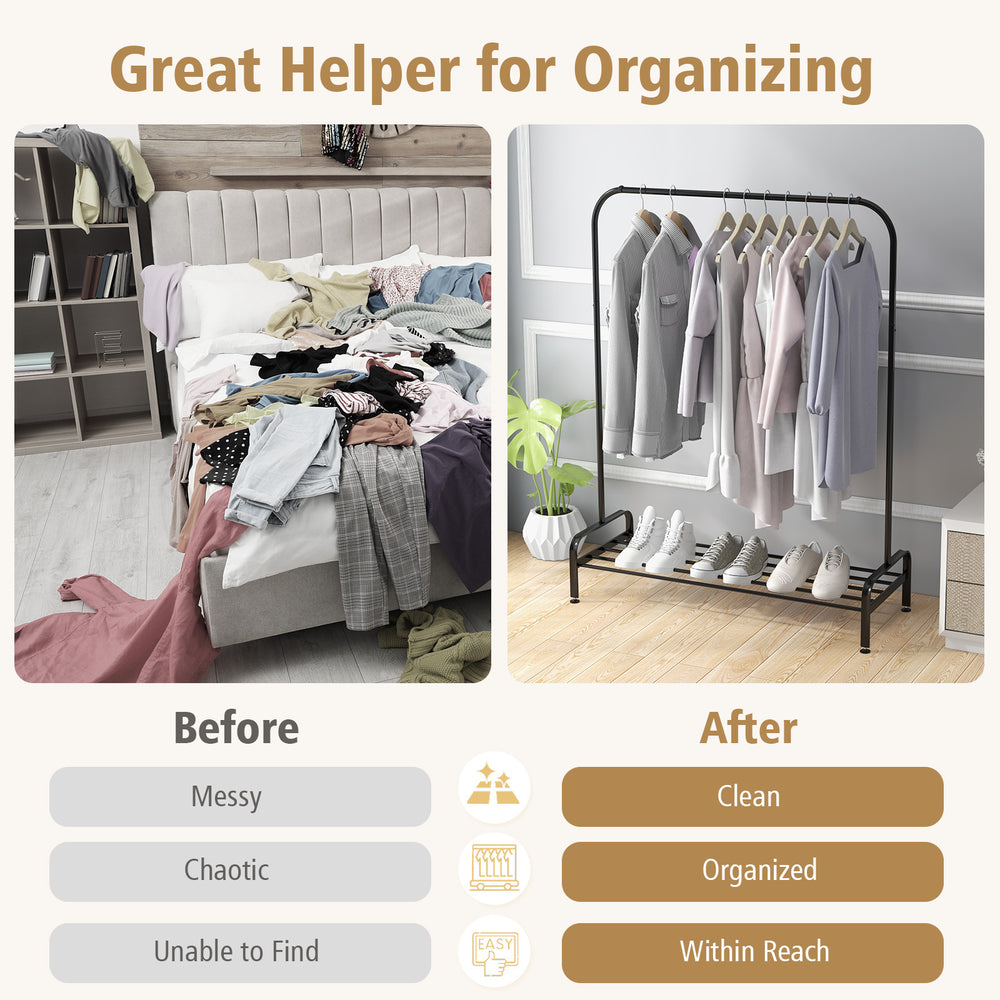 Heavy duty clothes stand rack with top rod and lower storage shelf, perfect for organizing clothes and shoes in any.