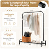Heavy duty clothes stand rack with top rod and lower shelf, featuring a rustproof metal frame for durable storage.