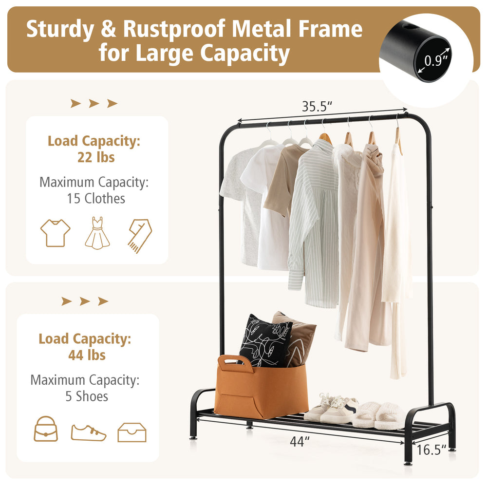 Heavy duty clothes stand rack with top rod and lower shelf, featuring a rustproof metal frame for durable storage.