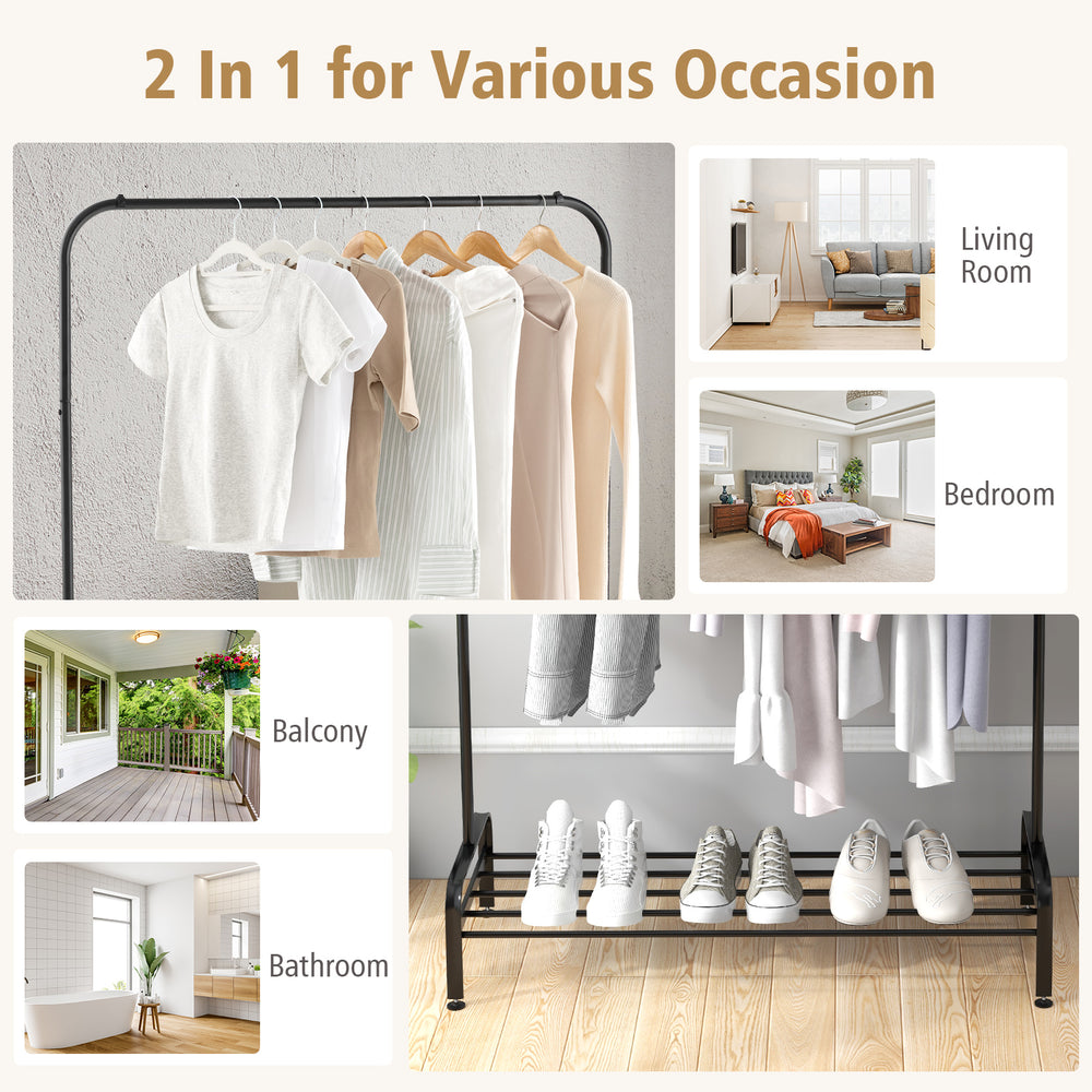 Heavy duty clothes stand rack with top rod and lower storage shelf, ideal for bedroom, living room, or bathroom.