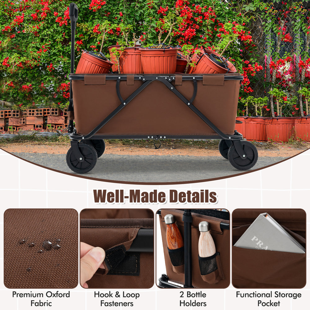 Collapsible folding wagon cart in coffee color with adjustable handlebar, 45-gallon capacity, and all-terrain wheels.