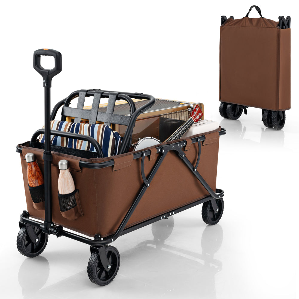 Collapsible folding wagon cart in coffee color with 45-gallon capacity, adjustable handlebar, and all-terrain wheels.