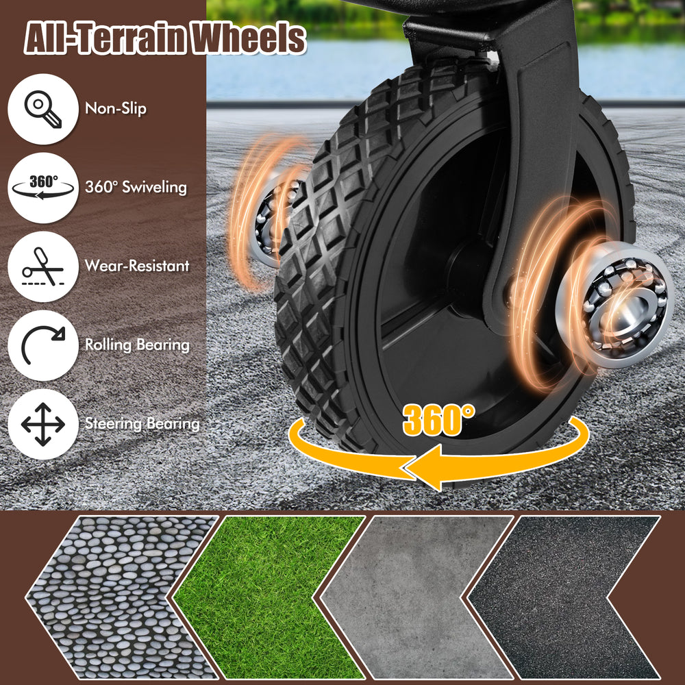 Close-up of all-terrain swiveling wheels with non-slip texture for the collapsible folding wagon cart, ideal for.