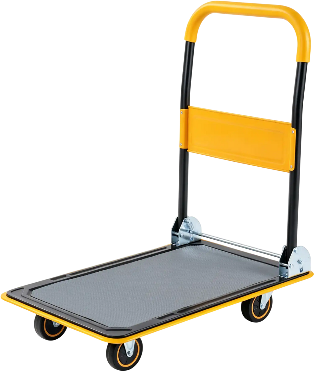 Heavy duty foldable push cart dolly in yellow with a 560 lbs capacity, featuring an ergonomic handle for easy transport.