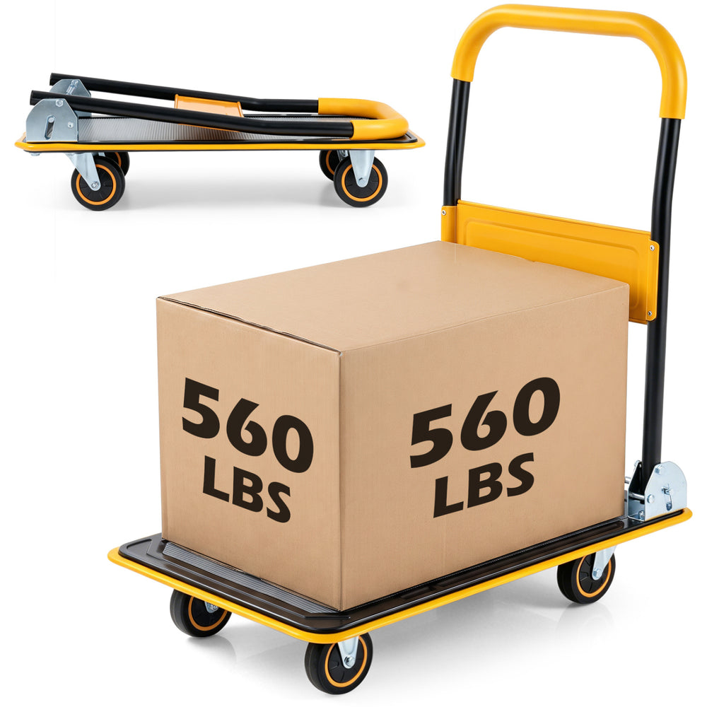 Heavy duty foldable push cart dolly in yellow with a 560 lbs capacity, ideal for home moving and grocery shopping.