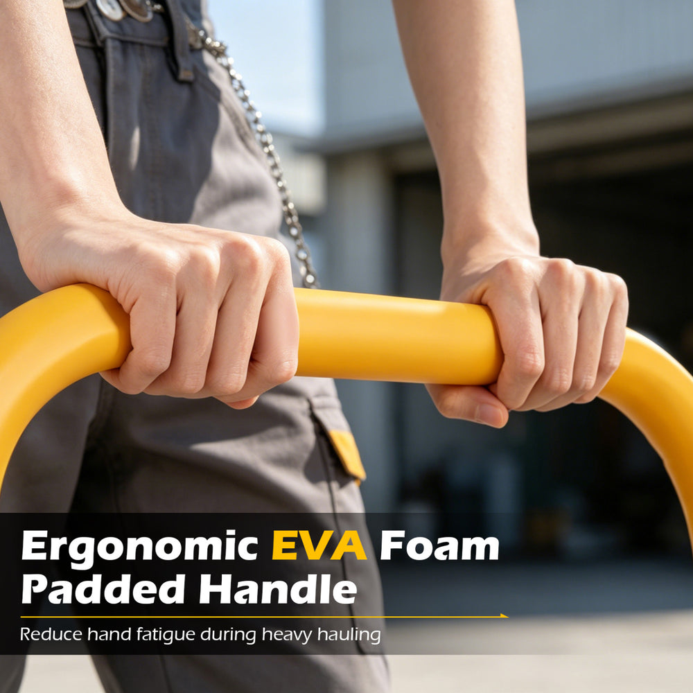 Heavy duty foldable push cart dolly features an ergonomic EVA foam padded handle for reduced hand fatigue during hauling.