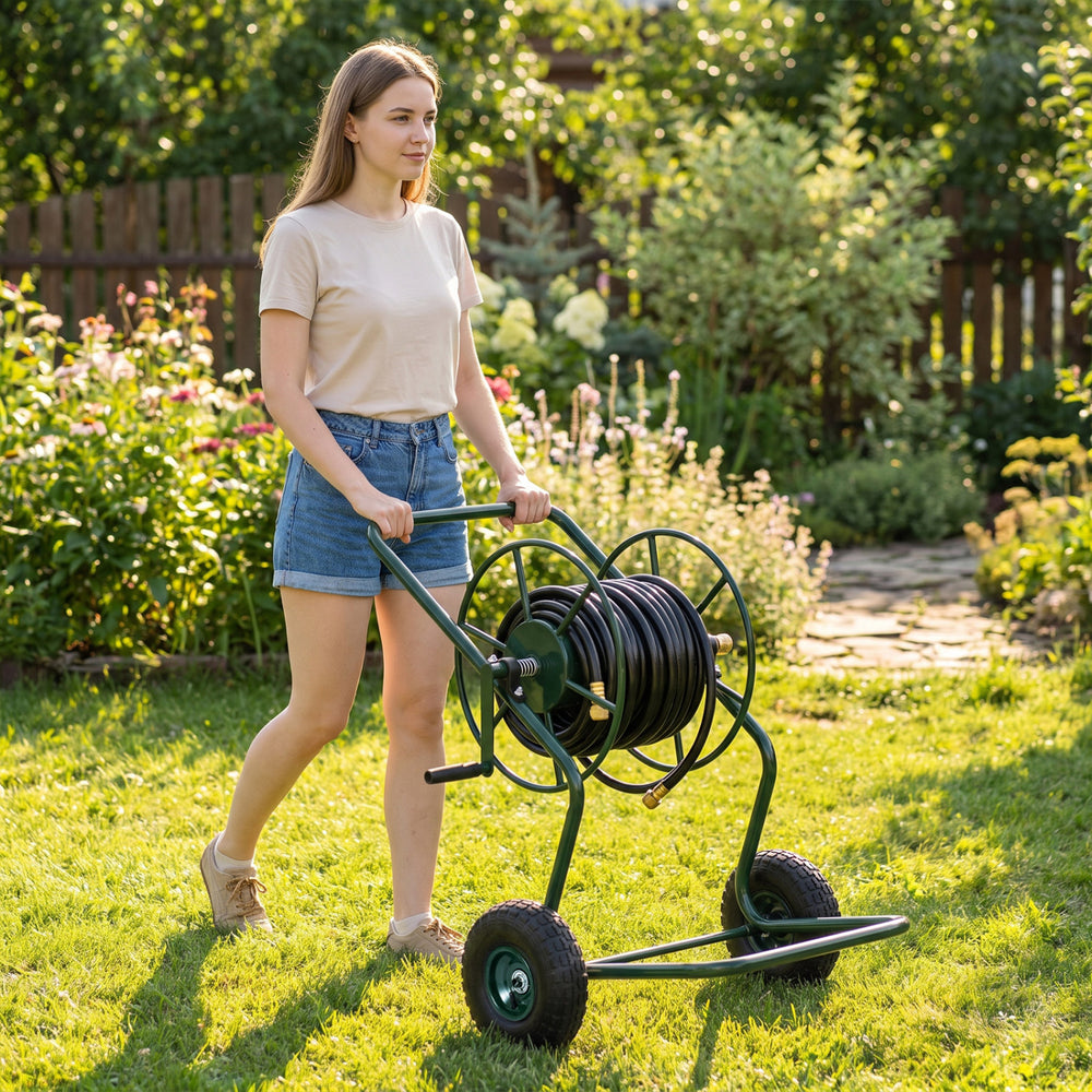 Heavy duty garden hose reel cart with pneumatic tires, holding up to 300 FT of 5/8" hose for easy outdoor maneuvering.