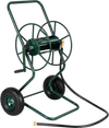 Heavy duty garden hose reel cart in green holds up to 300 FT of 5/8" hose, featuring pneumatic tires for easy maneuverability.