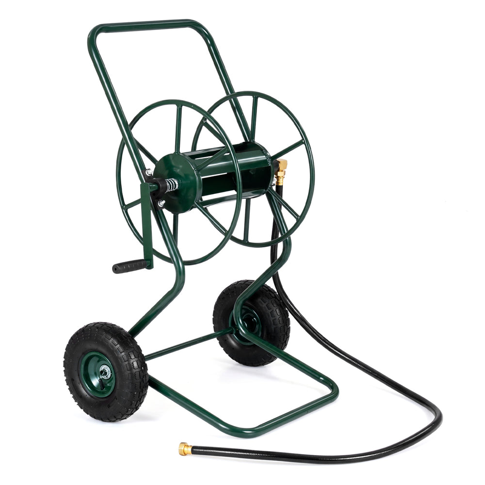 Heavy duty garden hose reel cart in green with pneumatic tires, holds up to 300 FT of 5/8" hose for easy maneuverability.