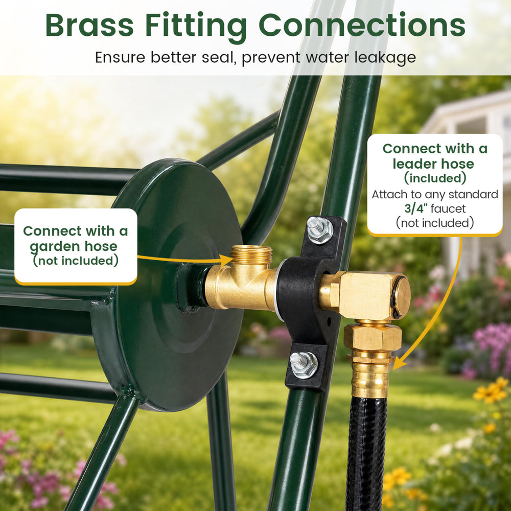 Brass fitting connections on the heavy-duty garden hose reel cart ensure a better seal and prevent water leakage.
