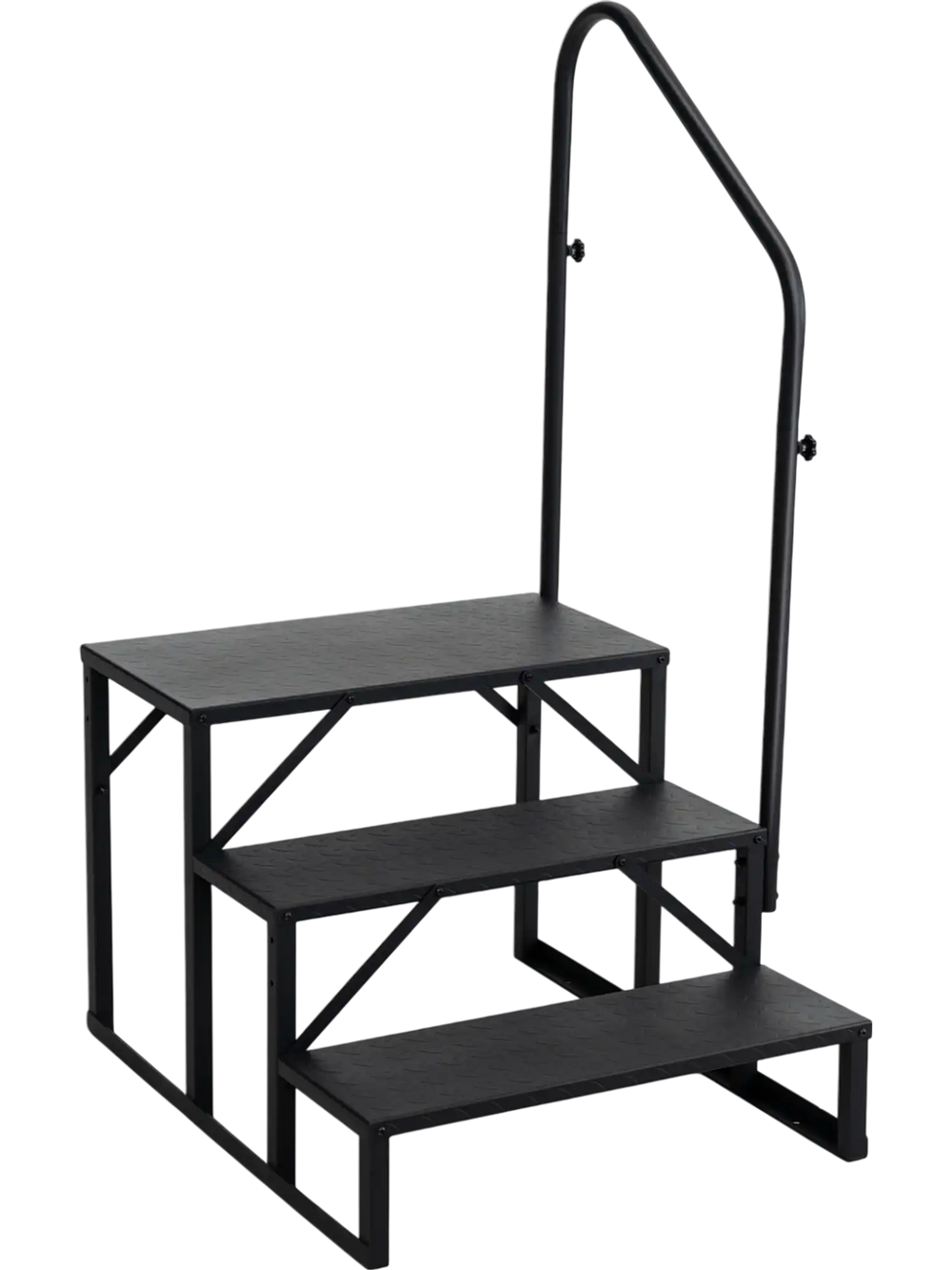 Heavy duty black hot tub stair with wide anti-slip platforms and customizable handrail for secure access.