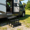 Heavy duty black metal stair with wide anti-slip platforms, designed for RVs and hot tubs, providing secure access.
