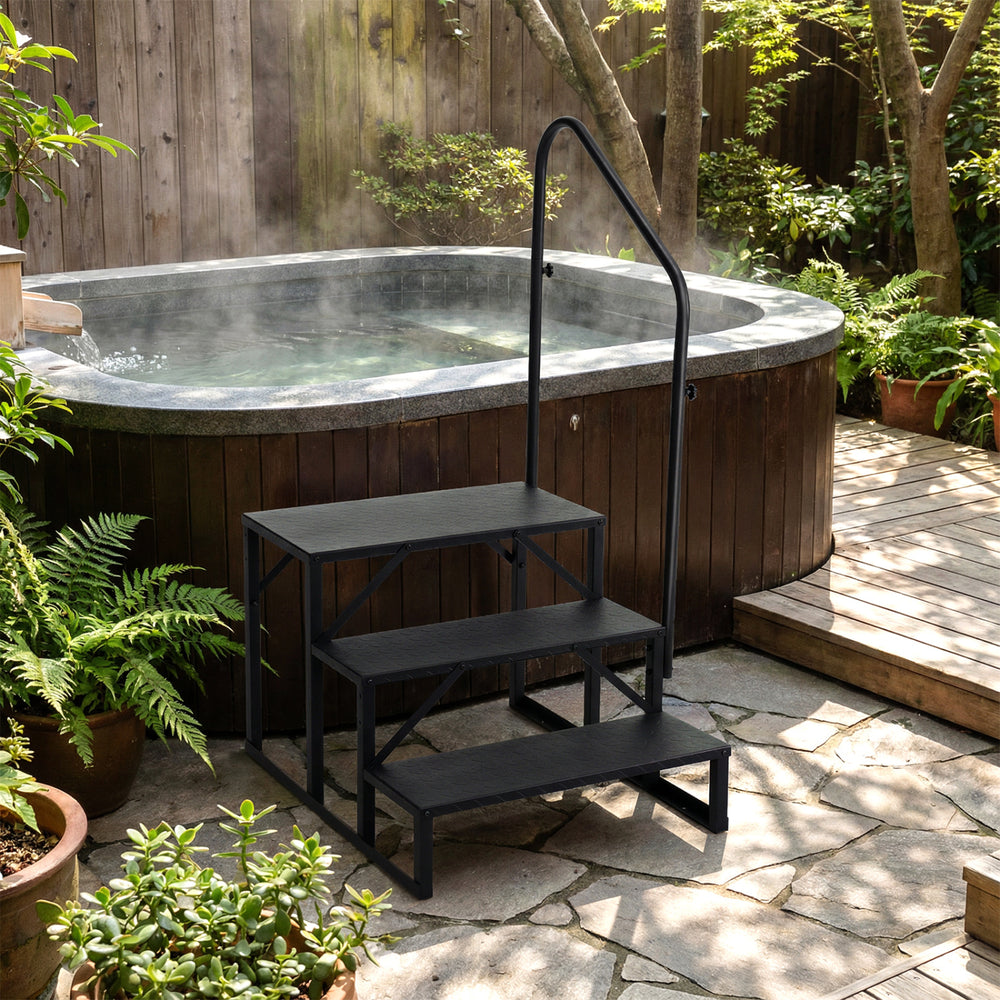 Heavy duty black hot tub stair with wide anti-slip platforms, designed for secure access and stability outdoors.