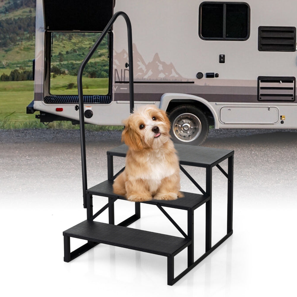 Heavy duty black hot tub stair with wide anti-slip platforms, ideal for pets and outdoor use, featuring a customizable.