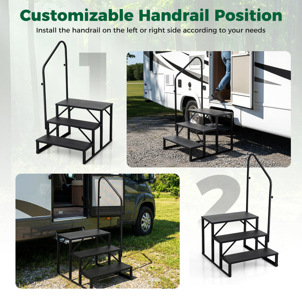 Heavy-duty black hot tub stair with customizable handrail, wide anti-slip platform, ideal for RV and outdoor use.