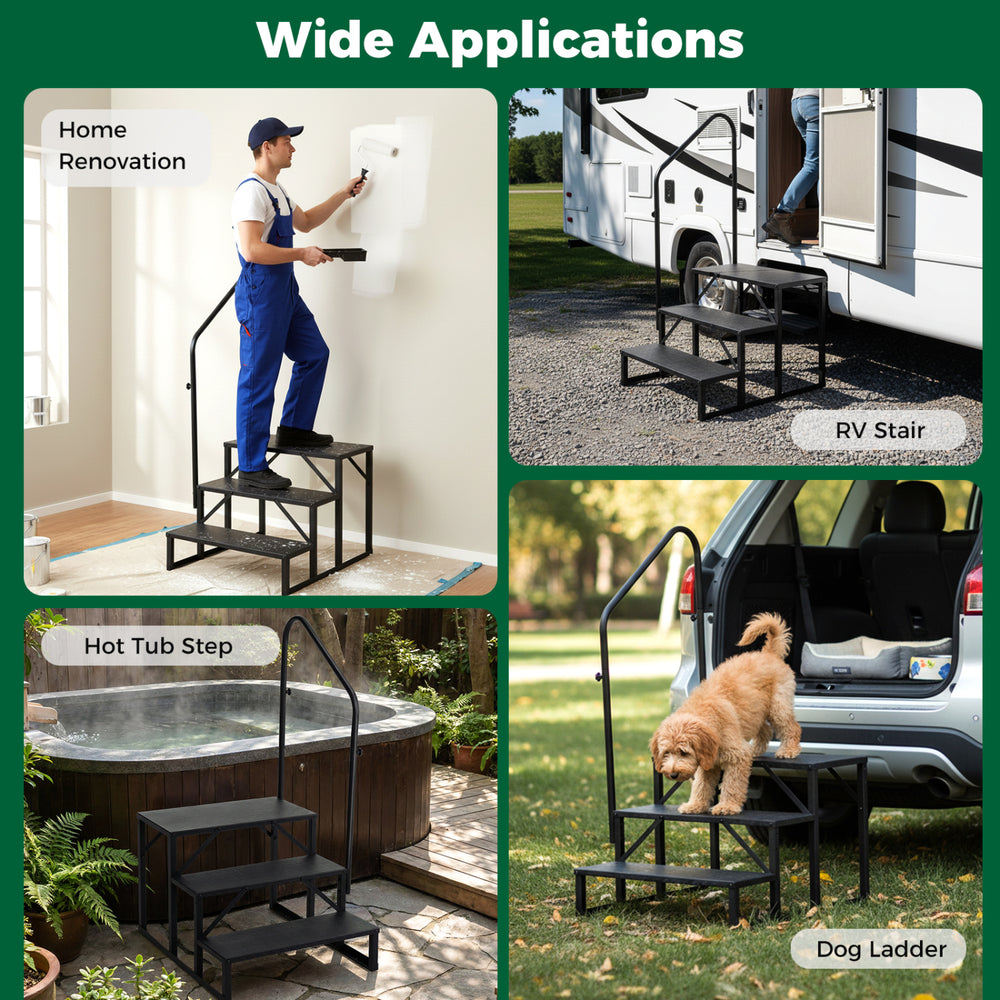 Heavy duty hot tub stair with wide anti-slip platform and customizable handrail for RV and mobile home use.