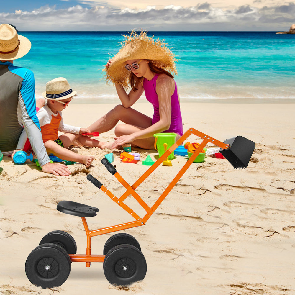 Heavy duty kid ride-on sand digger with a sturdy steel frame and 360-degree rotatable seat, perfect for beach play.