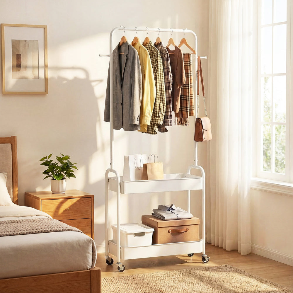 Heavy-Duty Laundry Cart with Hanging Rod and 2 Storage Baskets for Bedroom-White - Gallery View 1 of 10