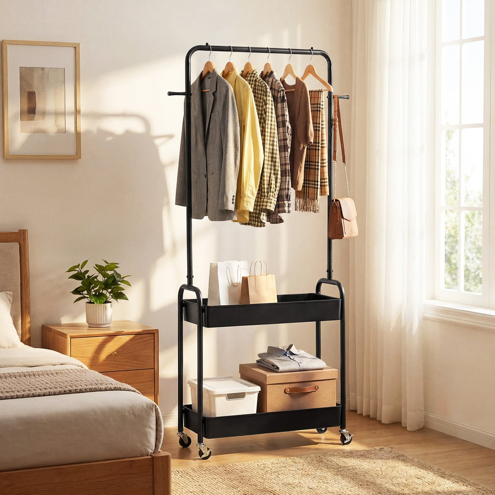 Heavy-duty black laundry cart with hanging rod and two storage baskets, ideal for bedroom organization and mobility.