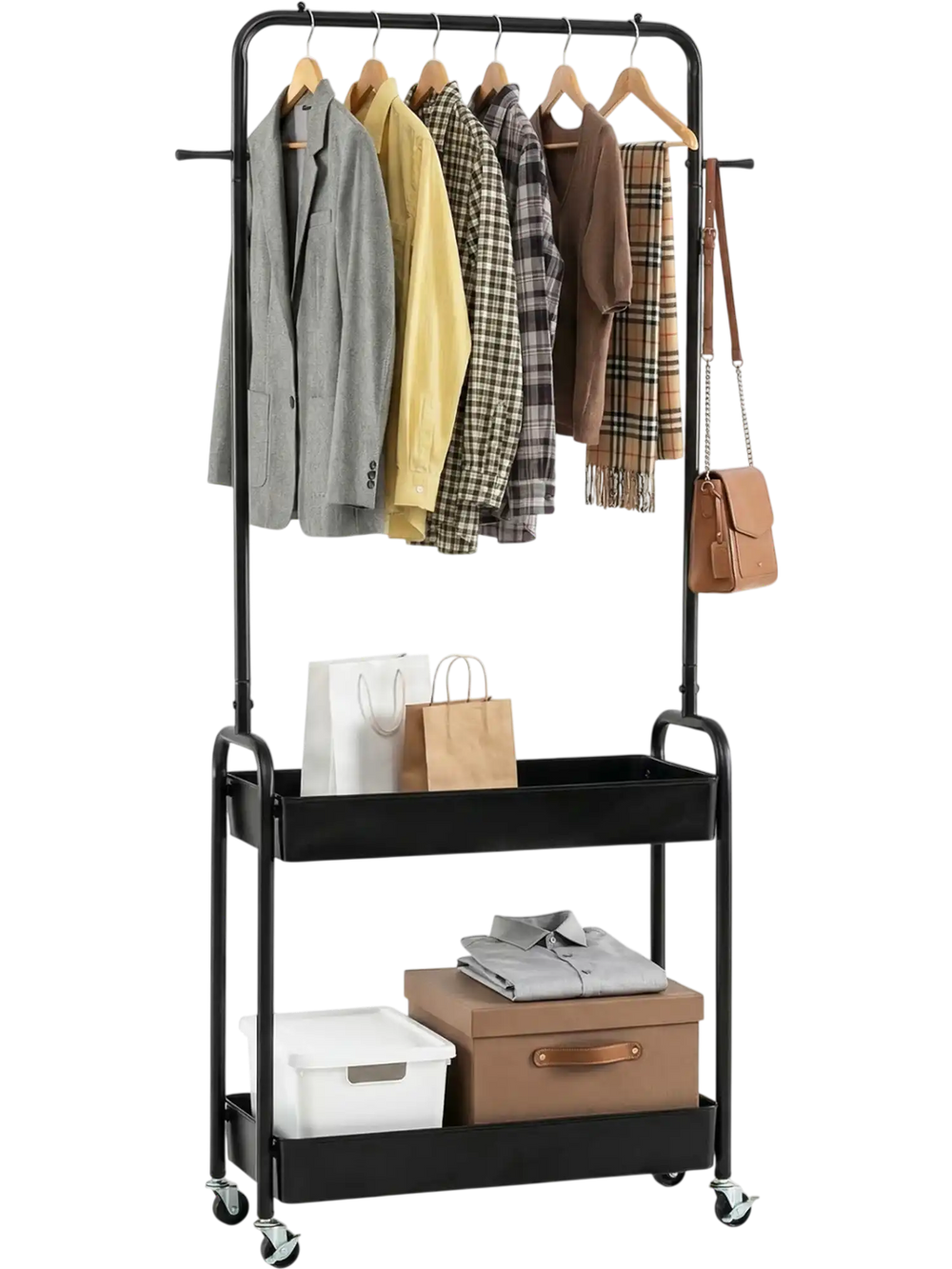 Heavy-duty black laundry cart with hanging rod and two storage baskets, ideal for organizing clothes and accessories.