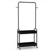 Heavy-duty black laundry cart with hanging rod and two storage baskets, featuring wheels for easy mobility and.